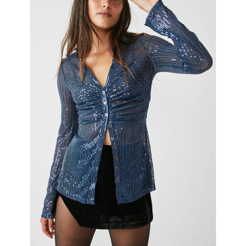 FREE PEOPLE Sequin Shirtee / Varsity Navy